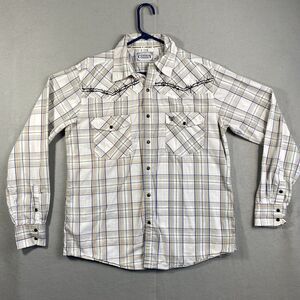 Cowboy Hardware Black Pearl Snap Long Sleeve White Plaid Shirt  Large Western